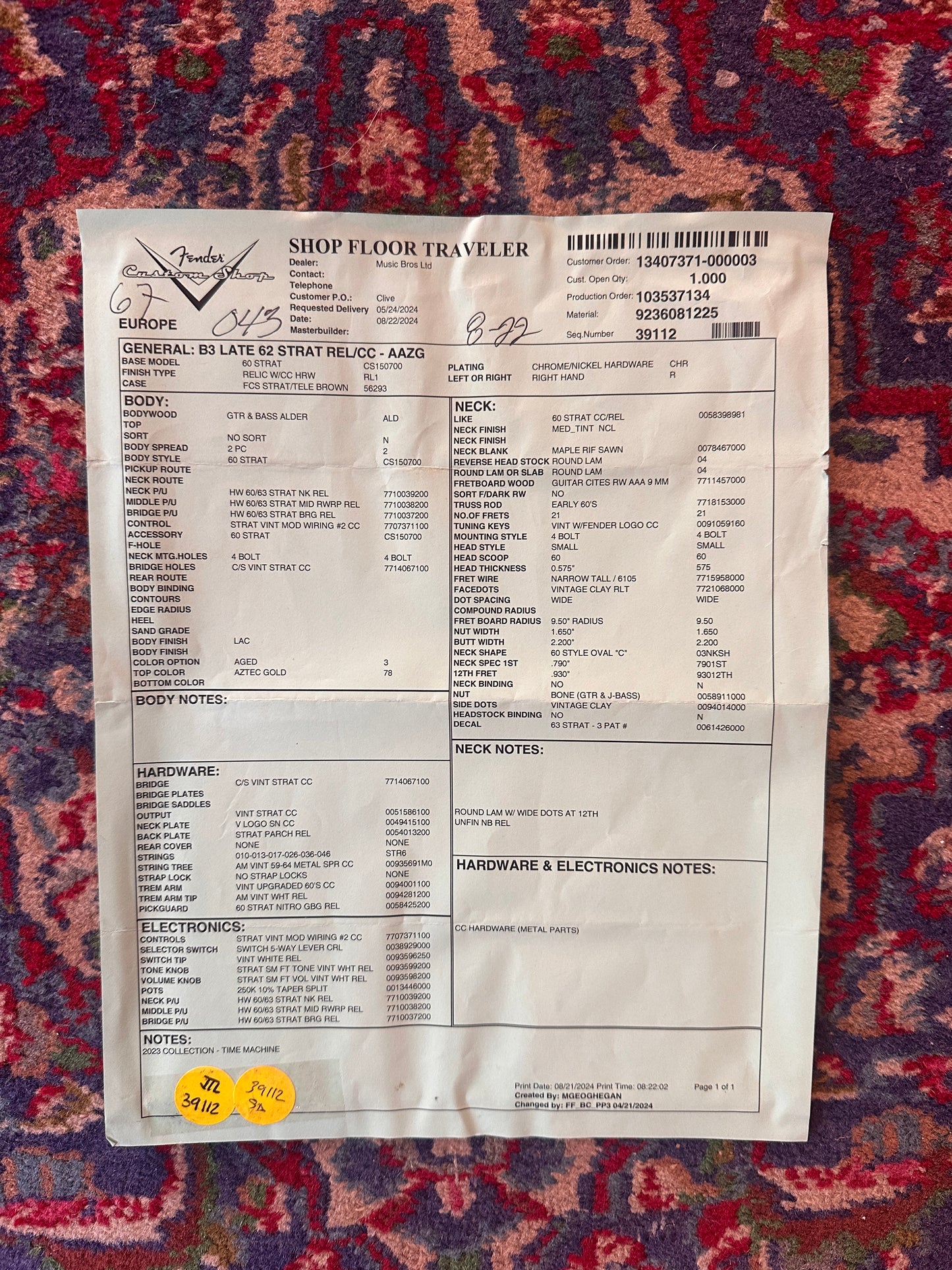 Fender Custom Shop Late '62 Stratocaster Relic/Closet Classic Aged Aztec Gold